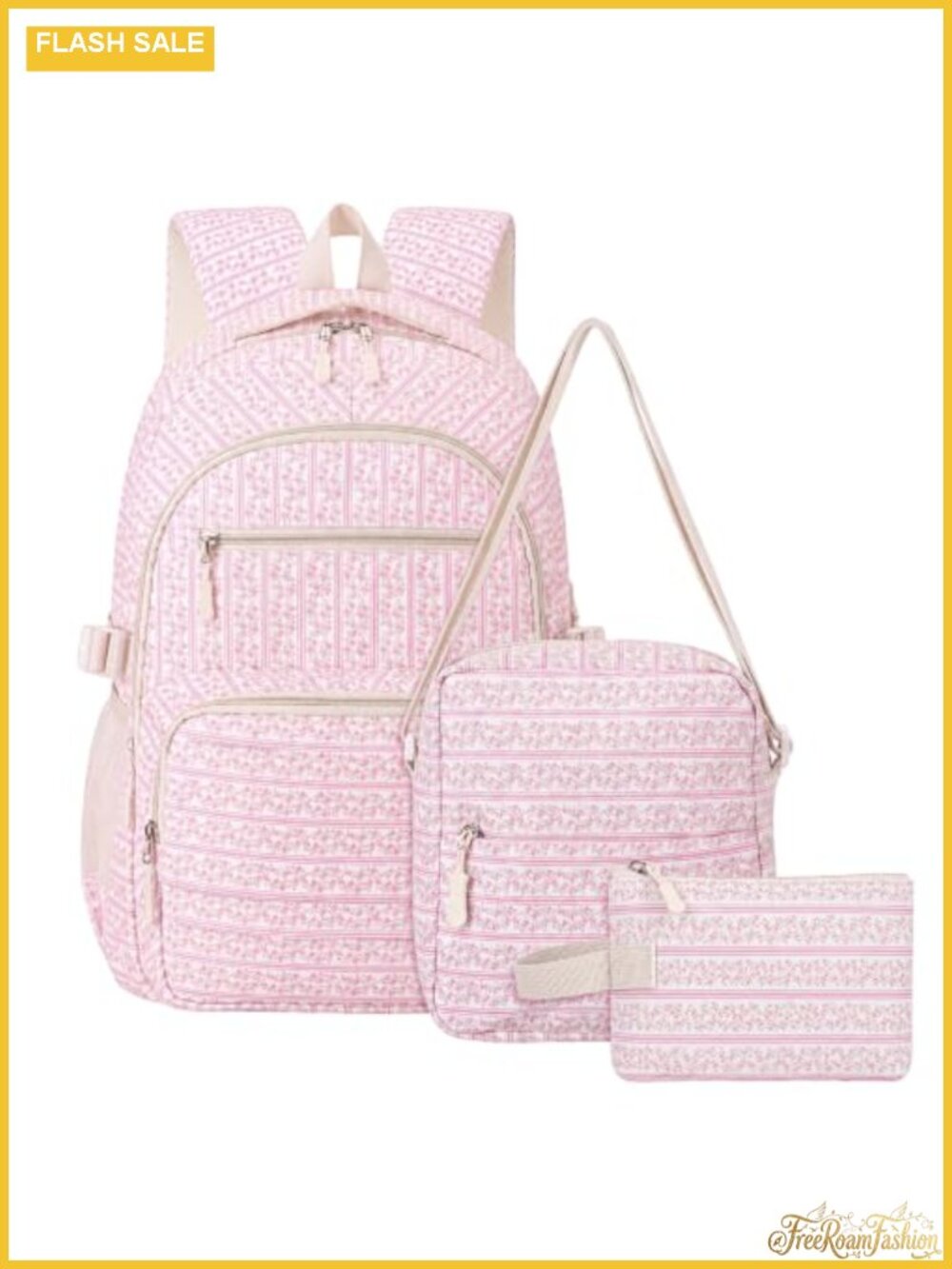 Vintage Floral Nylon Backpack Set with Crossbody Bag and Cosmetic Pouch